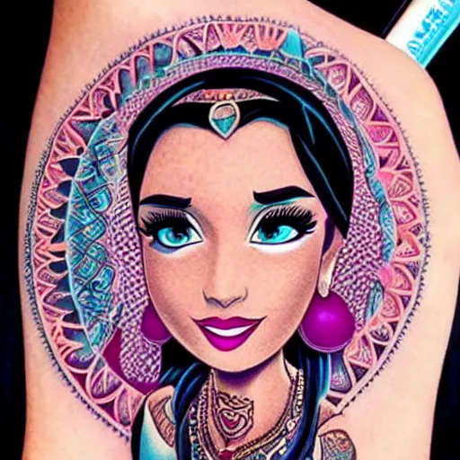 Prompt: princess jasmine as an instagram influencer, tattoos, photorealism, high detail,