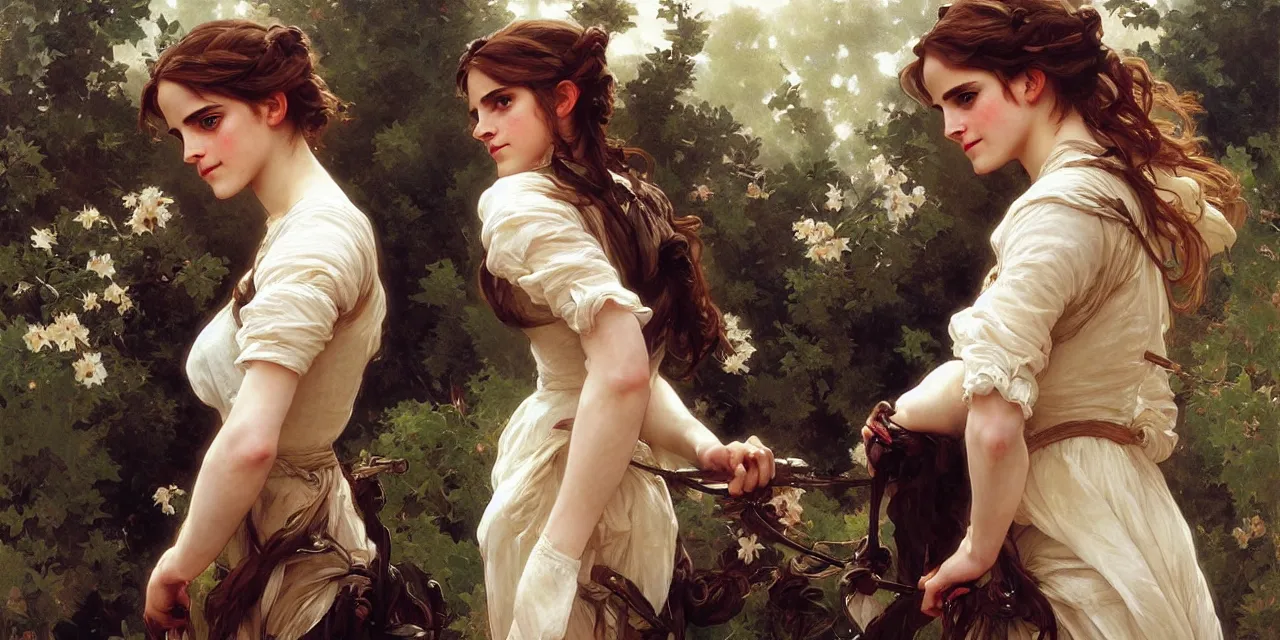 Image similar to emma watson southern belle style artgerm greg rutkowski alphonse mucha william adolphe bouguereau