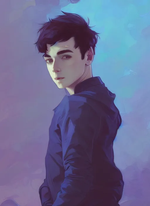 Image similar to handsome young man with short black hair, male, dressed in blue, looking down, half body shot, arms down, path traced, highly detailed, high quality, digital painting, posuka demizu, alphonse mucha, alena aenami