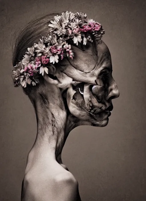 Prompt: a woman's face in profile, made of flowers skeleton, in the style of the Dutch masters and Gregory Crewdson, dark and moody