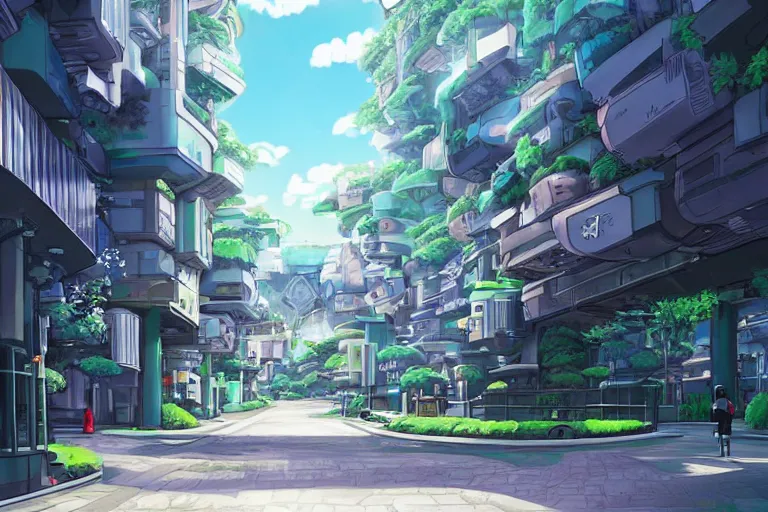 Image similar to an optimistic futuristic city street with a pop cannabis leaf motif, freestyle thick black edges, by studio ghibli