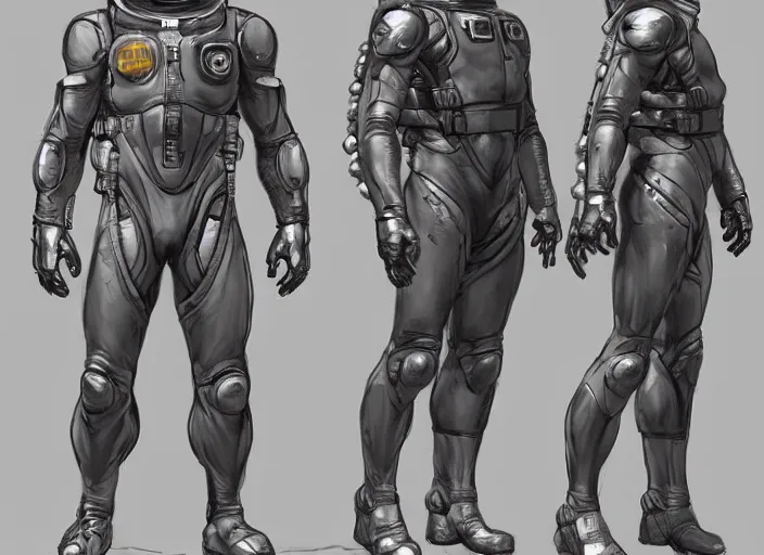 Prompt: front and back character view of Astronaut from Metal Gear Solid by Donato Giancola, Trending on artstation and pixiv concept art and sheet