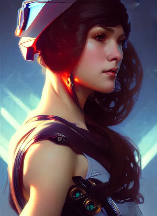 Image similar to portrait of cybertronic beautiful girl, intrigante, headshot, highly detailed, digital painting, artstation, concept art, sharp focus, cinematic lighting, illustration, art by artgerm and greg rutkowski, alphonse mucha, cgsociety