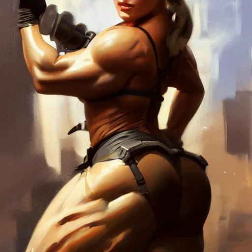 Prompt: greg manchess portrait of margot robbie as thick female bodybuilder lara croft, epic grimdark, fantasy, medium shot, asymmetrical, profile picture, organic painting, sunny day, matte painting, bold shapes, hard edges, street art, trending on artstation, by huang guangjian and gil elvgren and sachin teng