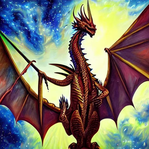 Image similar to dragon in the space, oil painting, trending on art station