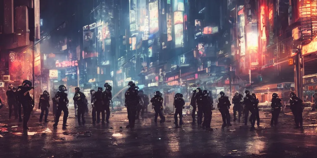 Image similar to very long shot, riot in a cyberpunk city, police use special equipment against the crowd on a square, high detail art, evening, police sirens in smoke, dark environment