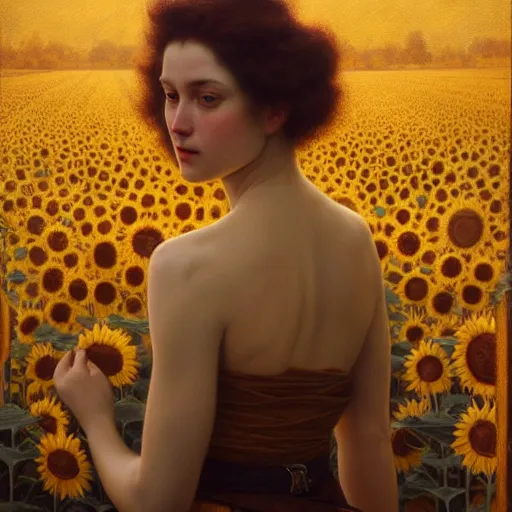 Prompt: highly detailed oil painting | very intricate | cinematic lighting | award - winning | the sunflower field | by roberto ferri, by tom bagshaw, by j. c. leyendecker and klimt, beautiful cinematic light, american romanticism, by austin osman spare, artstation, cgsociety, official art, octane