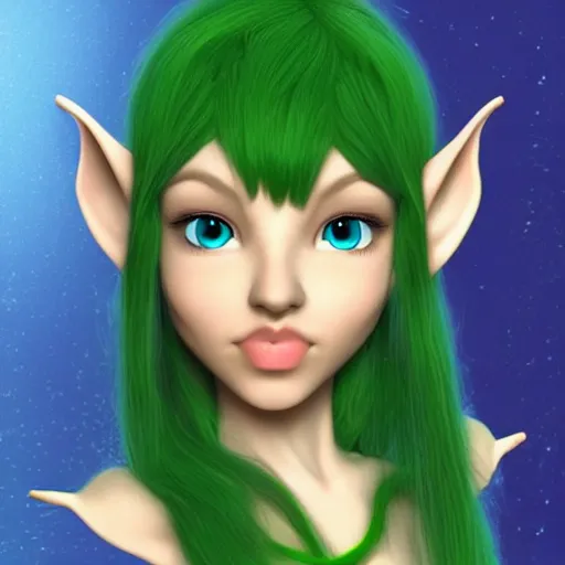 Prompt: blue-skinned elf girl with green hair