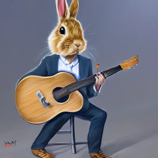 Image similar to A hyperdetailed digital oil painting of A rabbit is playing the guitar,cartoon, Trending on ArtStation and DeviantArt