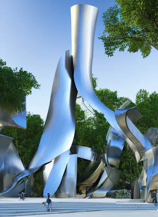 Image similar to highly detailed realistic architecture 3 d render of a futuristic stele monument in frank gehry style standing in city park, archdaily, made in unreal engine 4 octane render