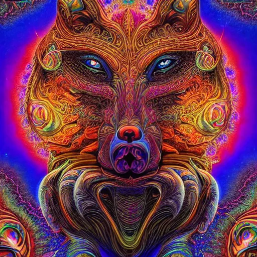 Prompt: a intricate ornate psychedelic image of a wolf head opening into the universe, digital art by alex grey and dan mumford, instagram contest winner, psychedelic art, psychedelic, fractalism, fractals, artstation, ultra fine detailed, illustration, art, cinematic, hyper realism, high detail, octane render, 8 k