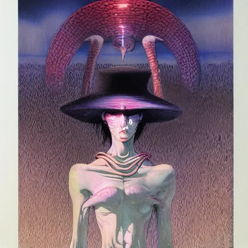 Prompt: original jean giraud art painting, pastel goth aesthetic, creepy kawaii, psychedelic, matte painting, amano yoshitaka