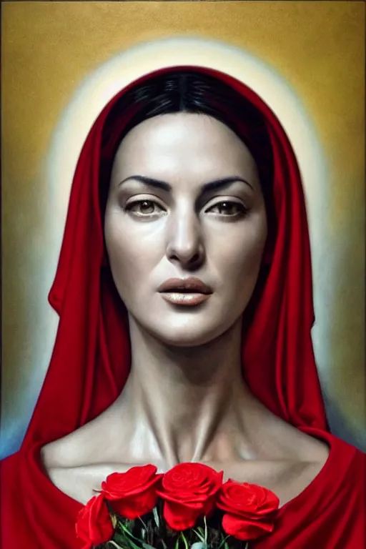 Prompt: hyperrealistic mixed media painting of Mother Mary, resembles Monica Bellucci, a halo about her head, holding a red rose, traditional beauty, stunning 3d render inspired art by P. Craig Russell and Barry Windsor-Smith + perfect facial symmetry + dim volumetric lighting, 8k octane beautifully detailed render, post-processing, extremely hyperdetailed, intricate, epic composition, grim yet sparkling atmosphere, cinematic lighting + masterpiece, trending on artstation, very very detailed, masterpiece, stunning