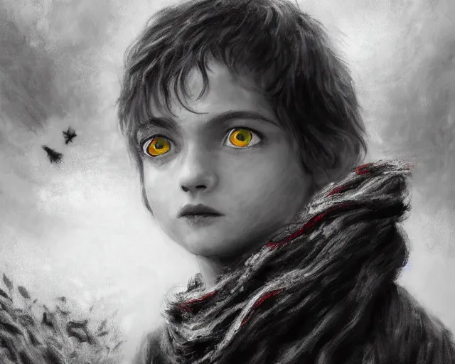 Image similar to a black and white highly detailed digital painting of a young boy with a red scarf, medium long brown hair, green eyes, is looking at a bird, ethereal, horror, fantasy art by greg rutkowski and magali villeneuve and claude monet black and white but the eyes are green and the scarf is red