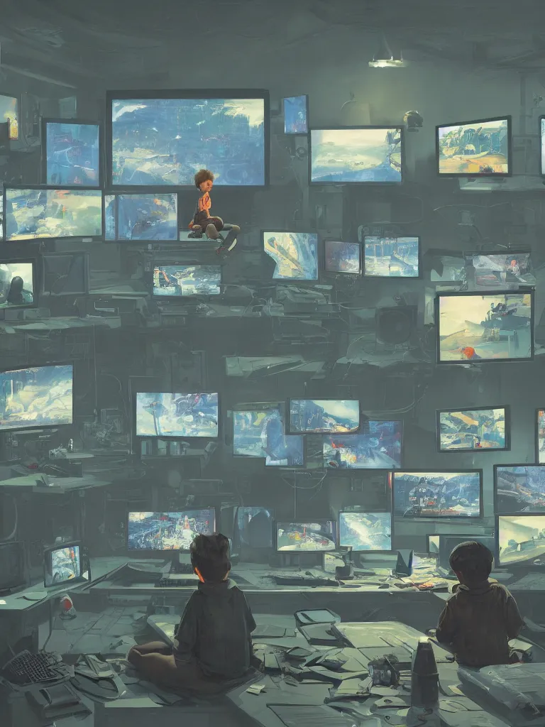 Prompt: a boy sitting in an hacker room with many screens in a painting from stalenhag, 4 k, 8 k, hdr, artstation, concept art