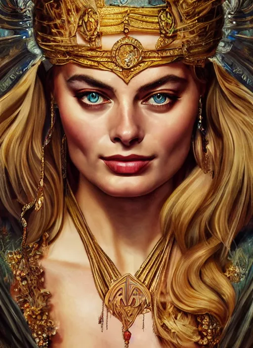 Prompt: Margot Robbie as a Greek Goddess, beautiful detailed eyes, cute, fantasy, intricate, elegant, highly detailed, digital painting, 4k, HDR, concept art, detailed jewelry, smooth, sharp focus, illustration, art by Artgerm, H R Giger and Alphonse Mucha