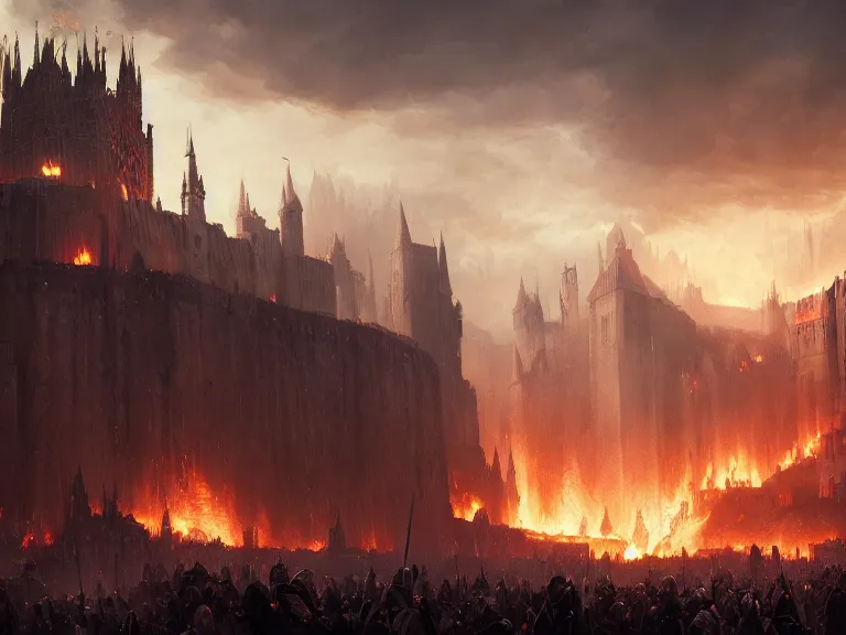 Image similar to medieval cities on fire, lord of the rings, game of thrones, unreal 5, cinematic, 8 k, unreal engine, beautiful, smoothly, concept art, artstation, highly detailed, by wlop, by greg rutkowski, oil painting, by artgerm