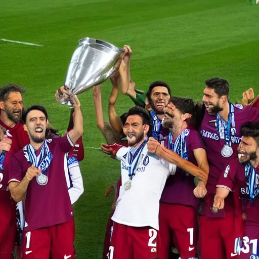 Prompt: sd compostela wins the champions league with borja iglesias captain lifting the cup at the santiago bernabeu stadium