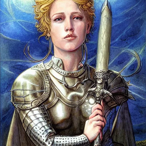 Prompt: most beautiful jeanne d'arc in the style of william blake, terese nielsen, detailed, intricate, beautiful faces, steve argyle, triumphant fate, pastoral fantastic reality