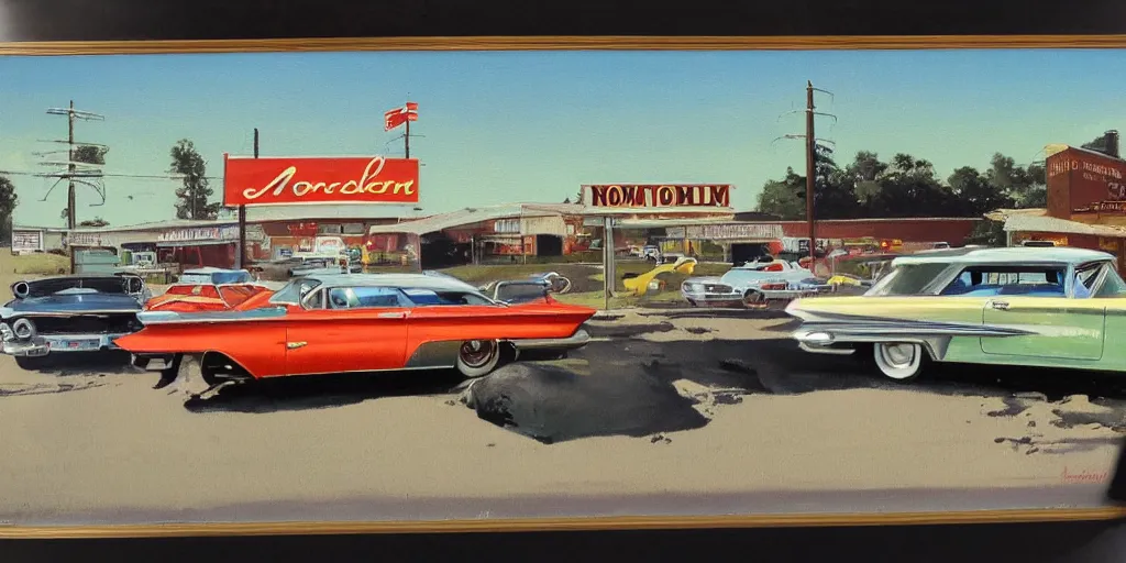 Image similar to 1 9 6 0 s americana painting of a motel and motel sign with a car parked outside by norman rockwell, panovision