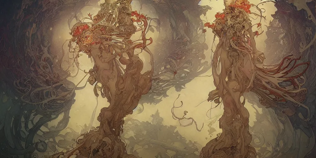 Image similar to epic concept illustration of a fungus god, by james jean, by artgerm and greg rutkowski and alphonse mucha. uhd, amazing depth, cinematic lighting, glossy wet levitating floating fungus god with arms outstretched.