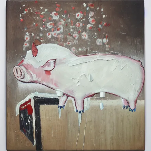 Image similar to “a portrait in an art student’s apartment, recursive pig paintings on the wall, pork, ikebana white flowers, white wax, squashed berries, acrylic and spray paint and oilstick on canvas, by munch and Dali”