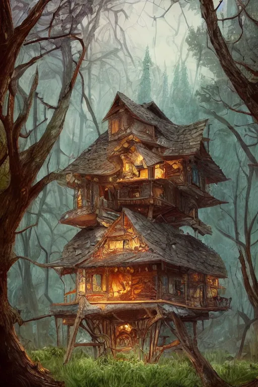 Prompt: a storybook ramshackle multistory hut in the woods, intricate, elegant, fantasy, highly detailed, digital painting, concept art, sharp focus, illustration, artstation, fairytale style