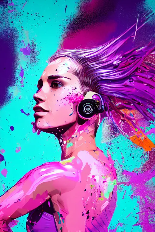 Image similar to a award winning half body portrait of a beautiful woman in a croptop and cargo pants with ombre purple pink teal hairstyle with head in motion and hair flying, paint splashes, splatter, outrun, vaporware, shaded flat illustration, digital art, trending on artstation, highly detailed, fine detail, intricate