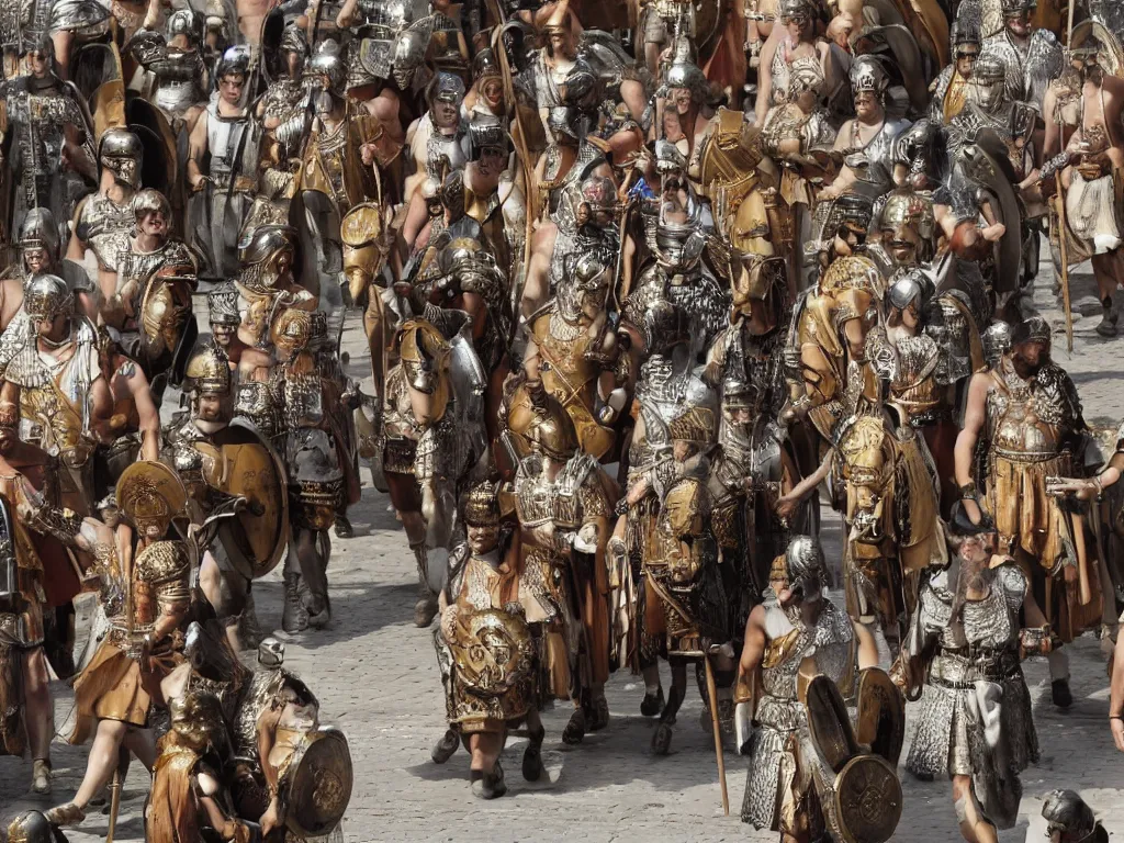 Image similar to Roman legions of Caesar parading in Rome, in the style of Jérôme Bosch, intricate details