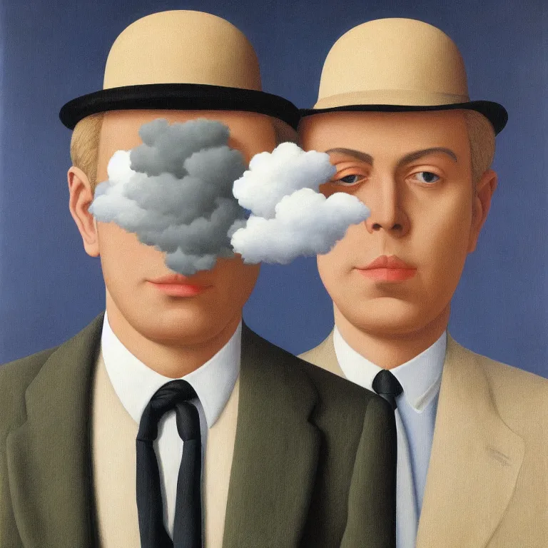 Prompt: portrait of a man in a suit, his face is fully hidden by the passing cloud, by rene magritte, detailed painting, hd, hq, high resolution, high detail, 4 k, 8 k