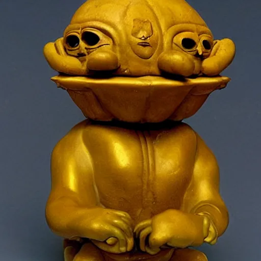 Prompt: Salvador Dali surrealist sculpture of a Moche Lima Bean Warrior fighting and egghead Warrior