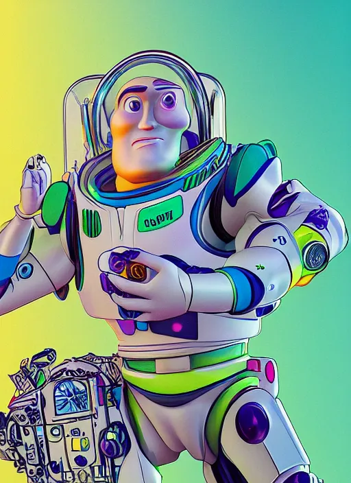 Image similar to portrait of buzz lightyear, an ultrafine detailed illustration by james jean, intricate linework, bright colors, final fantasy, behance contest winner, vanitas, angular, altermodern, unreal engine 5 highly rendered, global illumination, radiant light, detailed and intricate environment