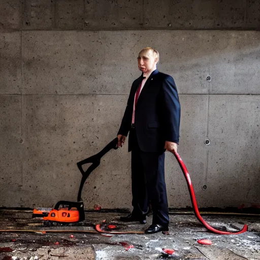 Image similar to putin with a chainsaw and a corpse. in a concrete bunker. focus on face with blood splatters. canon eos r 3, f / 1. 4, iso 4 0 0, 1 / 1 6 0 s, 8 k, raw