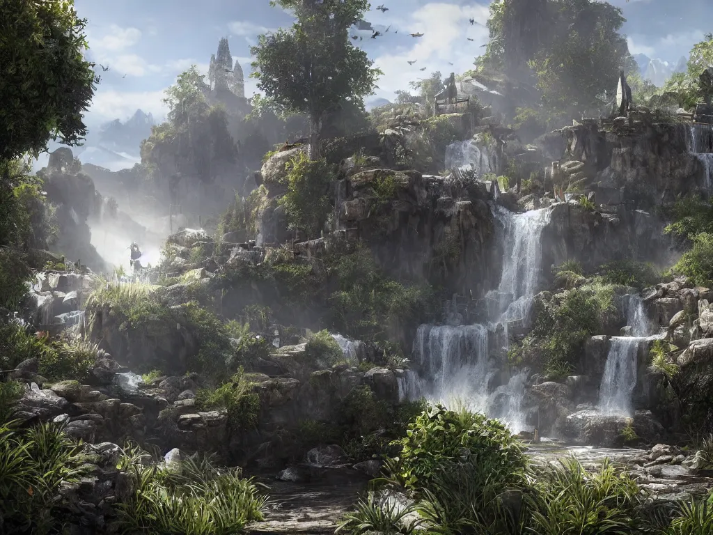 Prompt: outdoor design, in the style of assassin's creed, by weta digital, marquee, cinematic lighting, contre - jour, 2 0 2 2, a small waterfall between two residentials