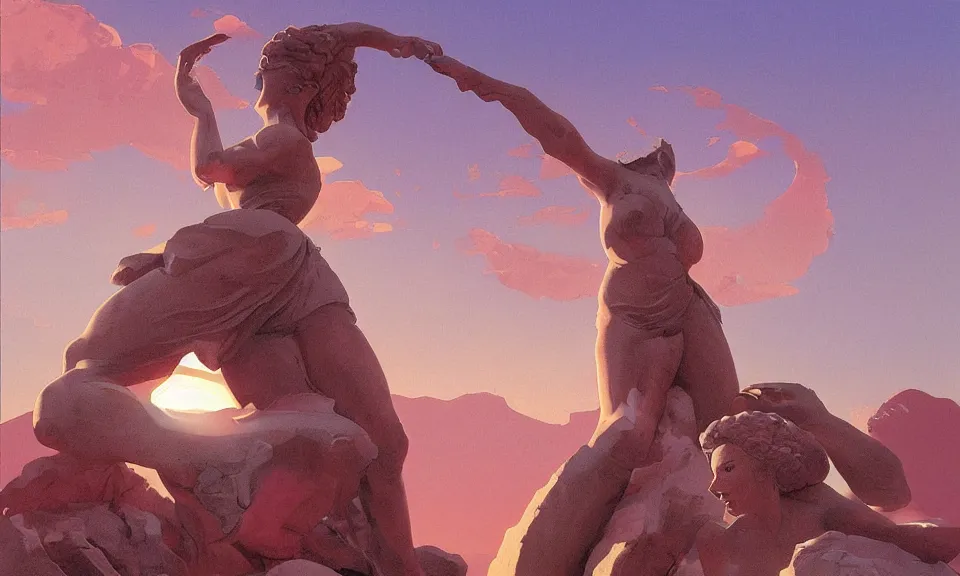 Prompt: digital painting of people revolution at the base of a single greek sculpture a beautiful massive female statue surrounded by dreamy coral, sunset in the desert, syd mead, moebius, concept art, savage, golden ratio