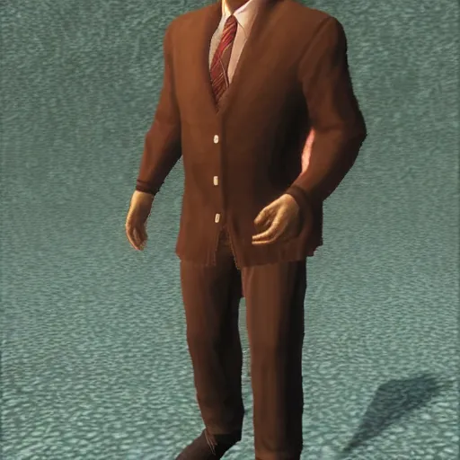 Image similar to Alexander Lukashenko wearing a suit and tie in Balmora in Elder Scrolls III: Morrowind, 2002 Morrowind graphics