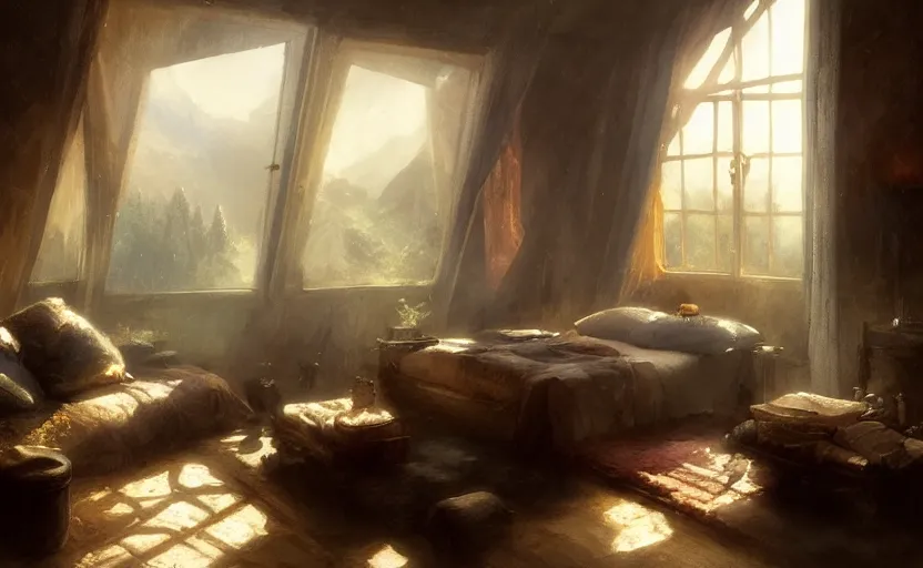 Image similar to painting of an interior of a cozy bedroom in a moutain, small hot spring and lush garden outside, natural light, fantasy, natural light, concept art, by greg rutkowski and craig mullins, cozy atmospheric and cinematic lighting, trending on artstation