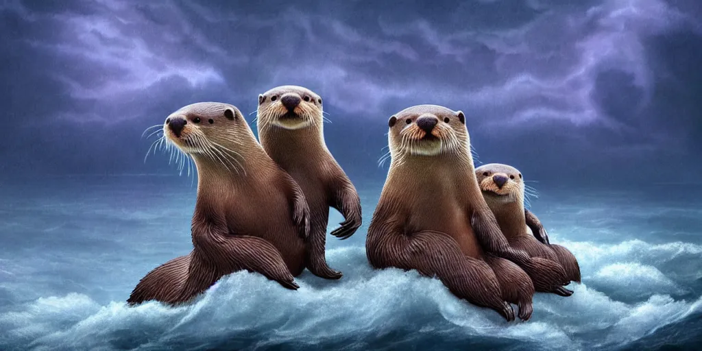 Image similar to adorable otters falling in love holding hands side by side, all alone in the middle of a scary storm at sea, fantasy illustration, cinematic, award winning, romantic, detailed trending on artstation, masterpiece