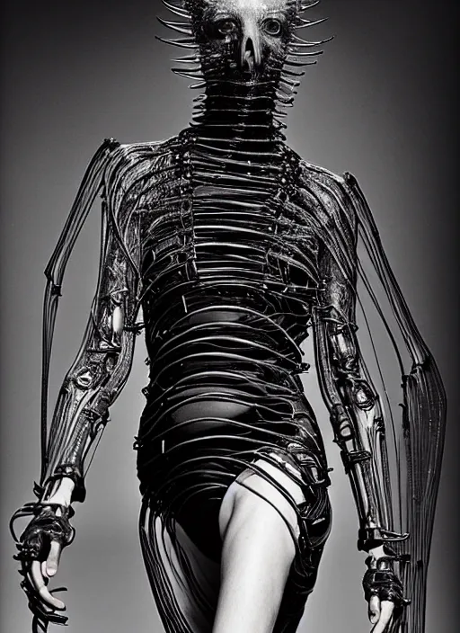 Image similar to walking down the catwalk, steven klein, mert alas and marcus piggott, show, stage, vogue photo, podium, fashion show photo, iris van herpen, beautiful woman, full body shot, helmet on face, masterpiece, inflateble shapes, plant predator, giger, guyver, jellyfish, wires, veins, biomechanical details