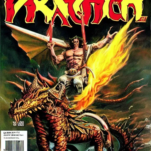 Image similar to heroic painting of Saul Goodman riding a dragon as the cover of a Heavy Metal magazine from the 1980s