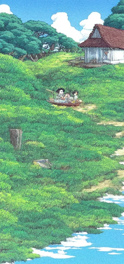 Image similar to country side on the ocean coast by studio ghibli, peaceful, serene, beautiful