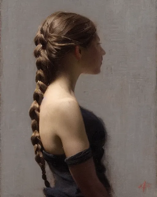 Prompt: girl with plaits, back view, by jeremy lipking, joseph todorovitch