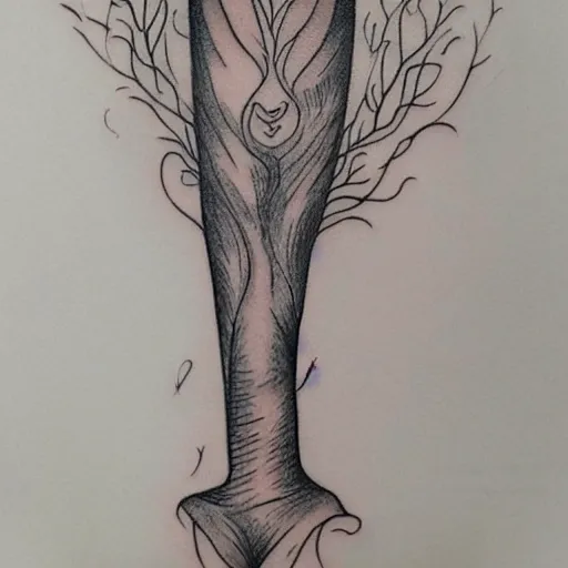 Image similar to a detailed tatoo outline of a woman who looks like a tree, 4k