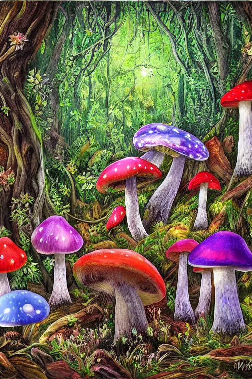 Image similar to digital painting detailed forest tree magical forest flowers mushrooms painted by Mario Cooper