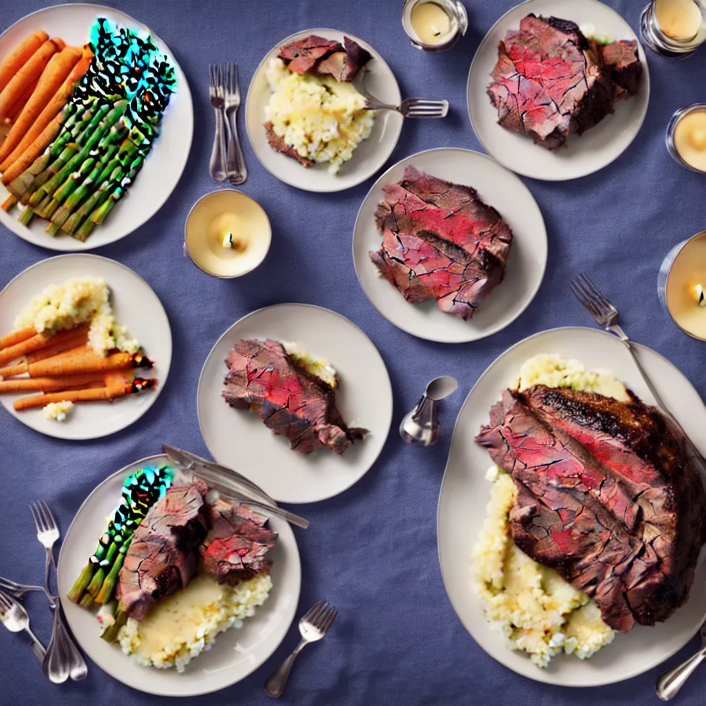 Image similar to product shot of a dinner with prime rib, asparagus, mashed potatoes and gravy, and steamed carrots with blue table cloth and lit candles in ornate silver candlesticks, ultra - realistic, photo realism, professional photograph, extreme detail, deep focus, laser sharp, volumetric lighting, atmospheric, luxury, elite