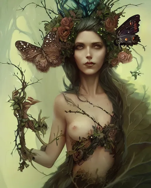 Prompt: female druid fantasy portrait, entwined leaf skeleton, roots glowing, magical realist butterflies by peter mohrbacher, artstation