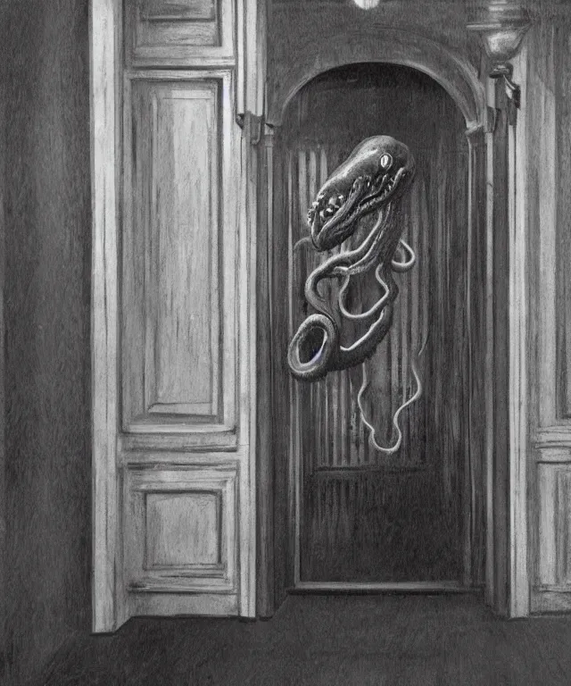 Image similar to horrifying photorealistic image of a 1 9 2 5 hotel elevator lobby, elevator doors look like a mouth, with a tentacle - shaped tongue, licking out, full color, dark, atmospheric, brooding, smooth, finely detailed, cinematic, epic, in the style of lee gibbons