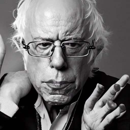 Image similar to Bernie Sanders as a glam rock god, studio photograph for his new hair metal album