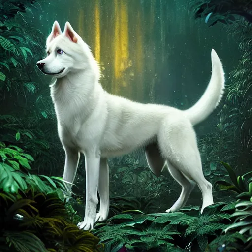 Prompt: white alaskan husky creature creature in a lush vegetation, warm tones, bioluminescent bioluminescent translucent translucent : : by guillermo del toro, daniel merriam, victo ngai and michal karcz : : ornate, dynamic, particulate, intricate, elegant, highly detailed, centered, artstation, smooth, sharp focus, octane render