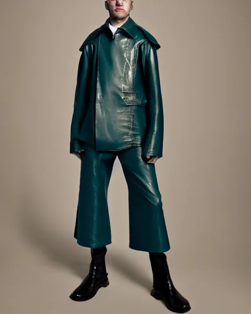 Prompt: an award - winning editorial photo of a teal extremely baggy but cropped ancient medieval designer menswear leather jacket with an oversized large collar and baggy bootcut trousers designed by alexander mcqueen, 4 k, studio lighting, wide angle lens